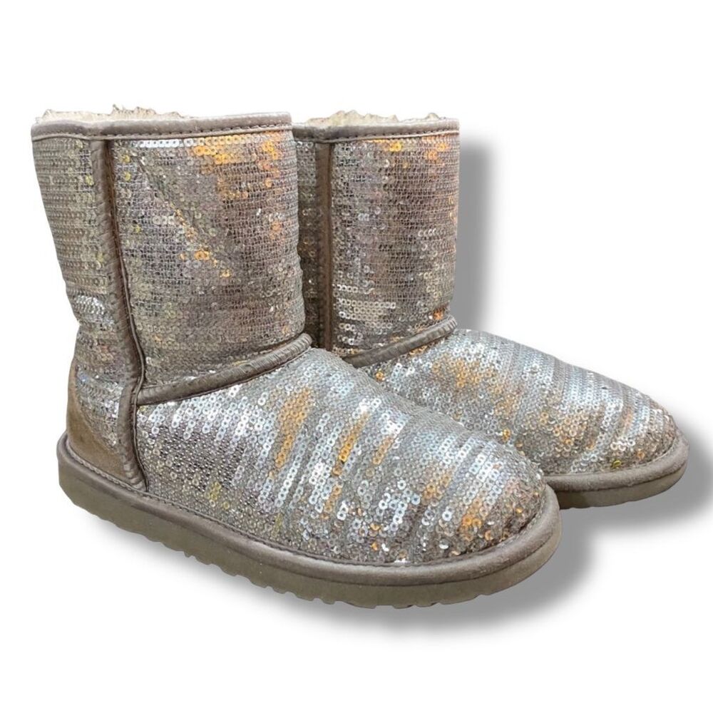 UGG Classic Short Silver Sequin Sparkle Boots - Picture 12 of 12